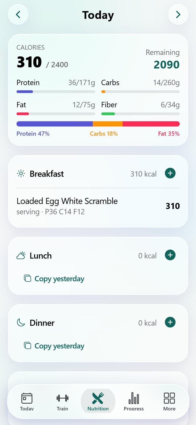 MotiForm food log with calories and macros for the day