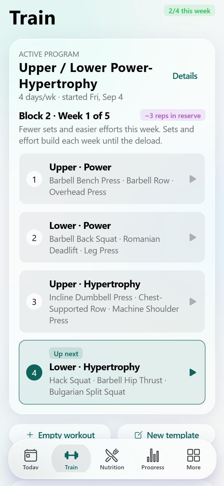 MotiForm Train screen showing an Upper/Lower program in a training block